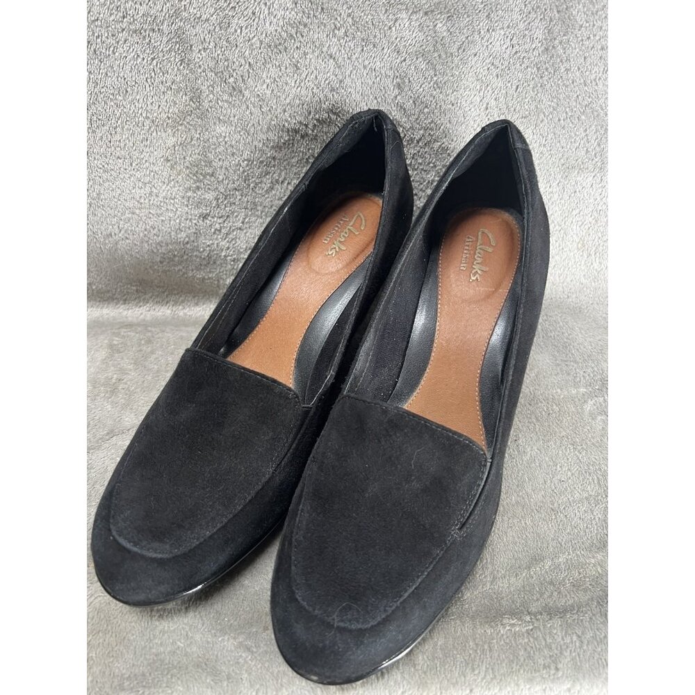 Clarks Artisan Wedges Women’s‎ 9.5 black Suede Shoes Heeled Loafers Preppy